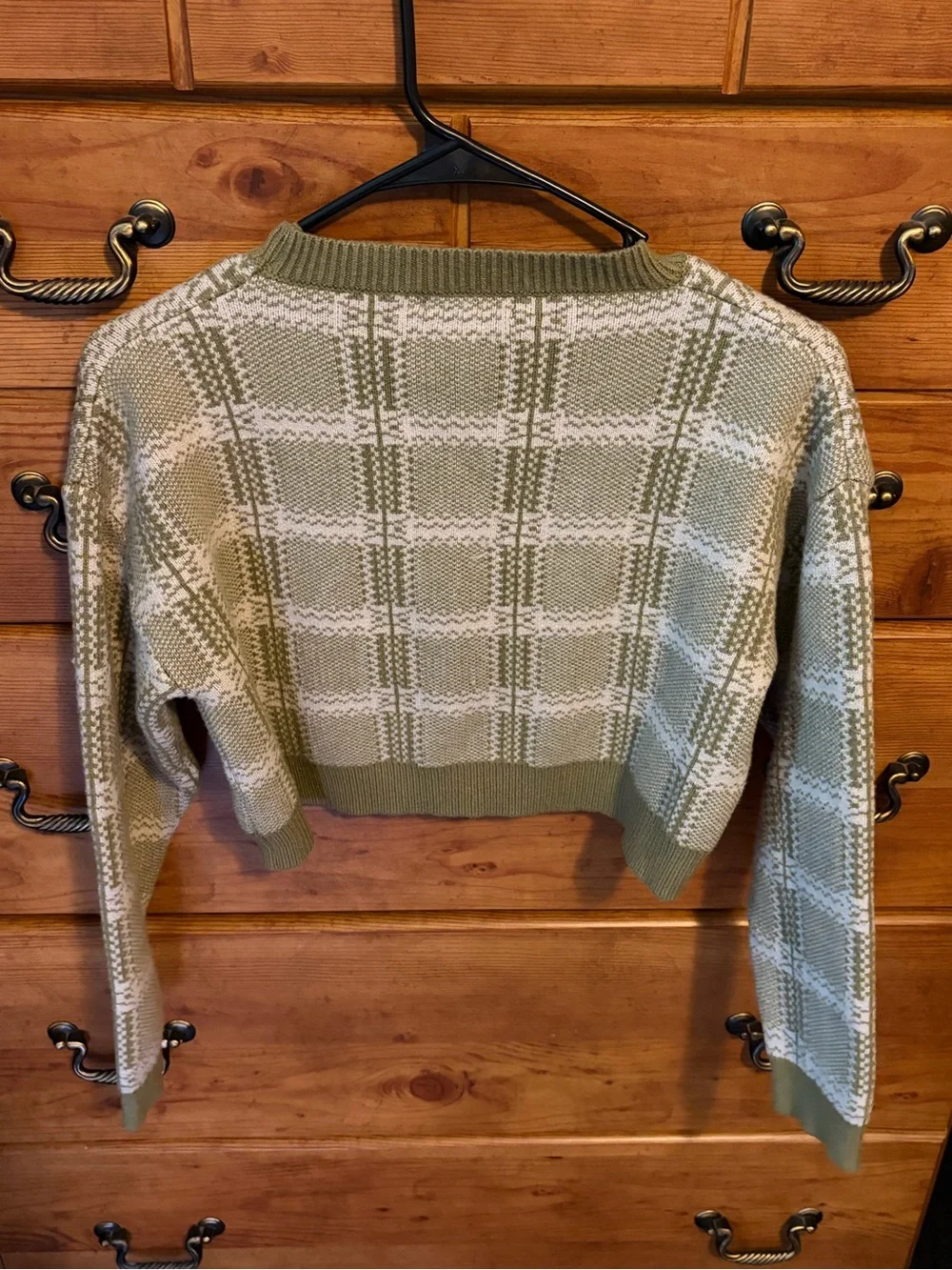 Lulu's Olive Green & White Plaid Cropped Crewneck Sweater w/Skirt Set